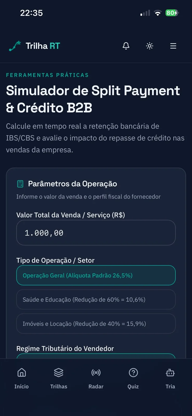 Simulador Interativo de Split Payment & Fluxo de Caixa